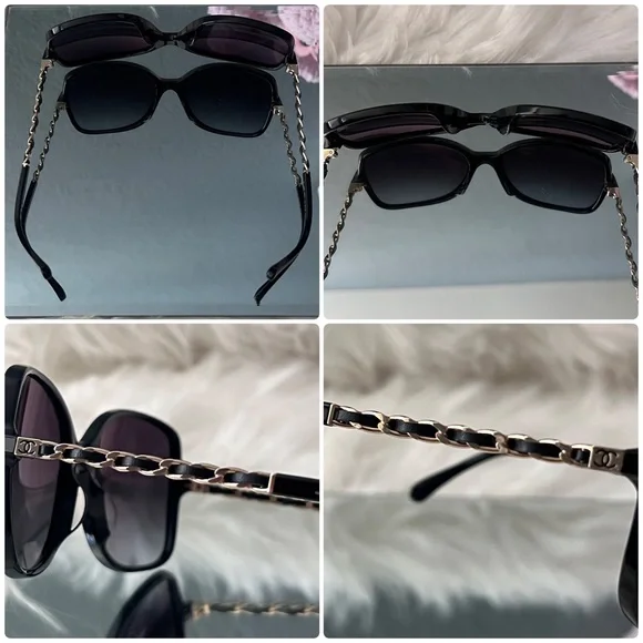 CHANEL CC Logo Lambskin Square Chain Sunglasses in Black